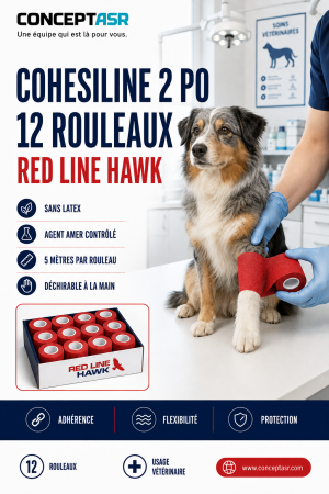 Bandage cohésif vétérinaire CohesiLine 2 po Red Line Hawk en boîte de 12 rouleaux