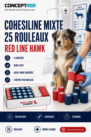 Bandages cohésifs vétérinaires CohesiLine mixtes Red Line Hawk en boîte de 25 rouleaux