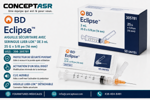 Seringue sécuritaire BD Eclipse 3 mL avec aiguille détachable 25 G x 5/8 po et protecteur pivotant, boîte de 50