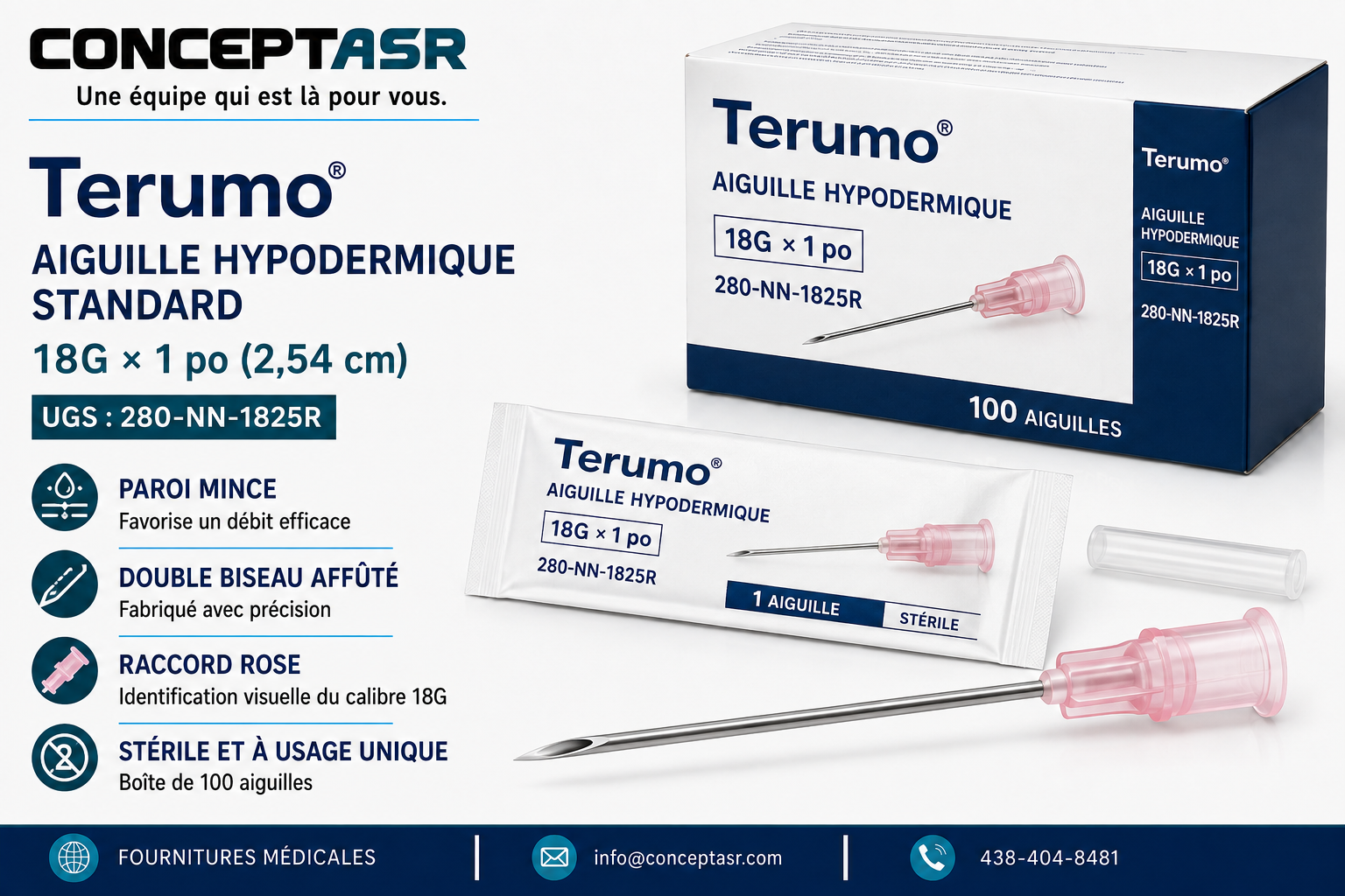 Aiguille hypodermique standard Terumo 18G × 1 po à paroi mince avec raccord rose, stérile, boîte de 100, UGS 280-NN-1825R.