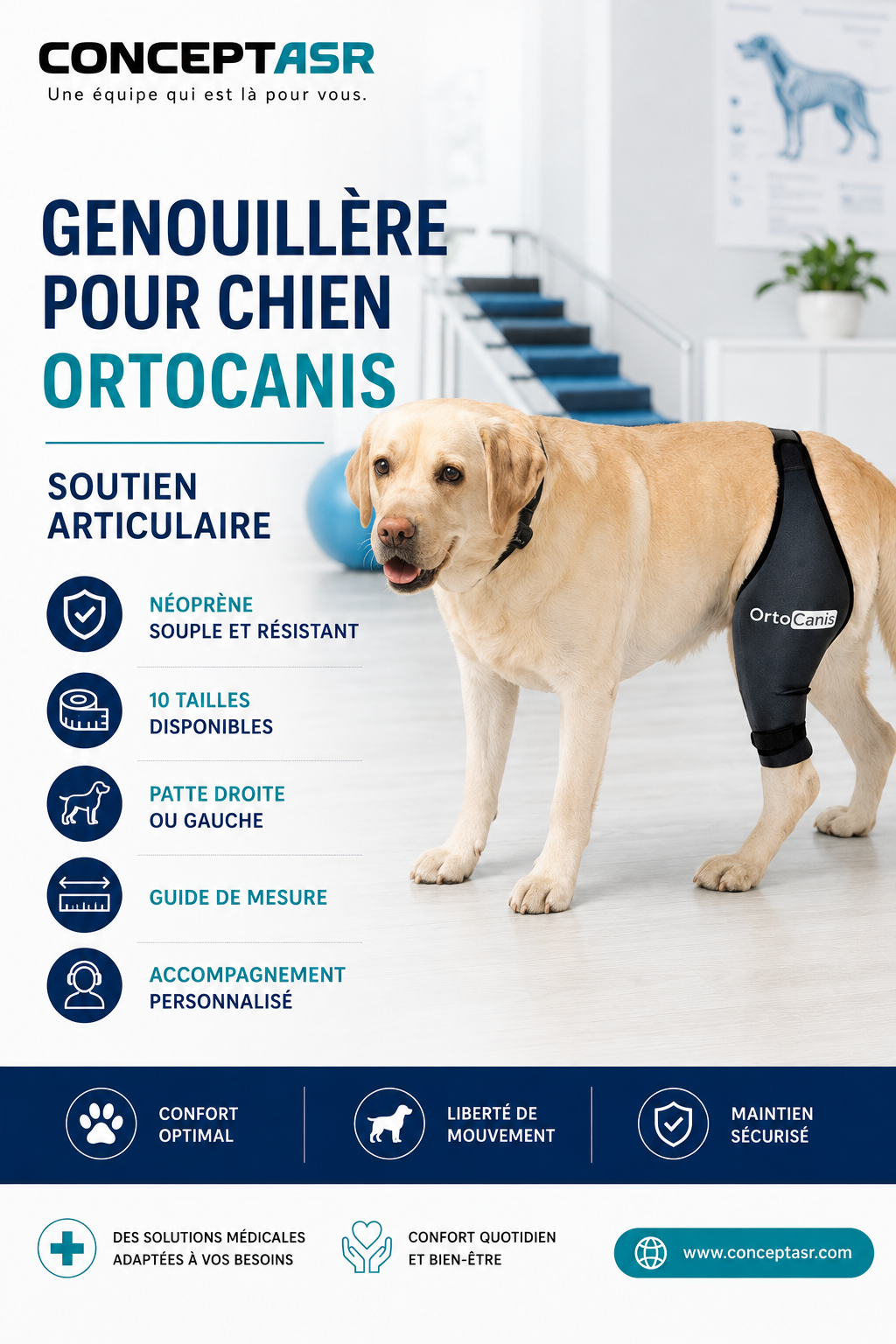 Chien portant une genouillère Ortocanis noire sur une patte arrière