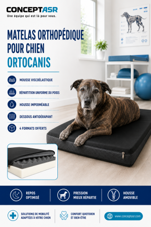 Chien âgé couché sur un matelas orthopédique Ortocanis noir en mousse viscoélastique avec housse amovible.