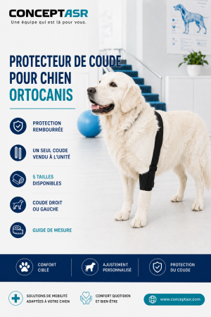 Chien portant un protecteur de coude Ortocanis noir sur une patte avant