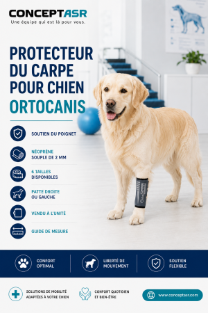 Chien portant un protecteur du carpe Ortocanis gris sur une patte avant