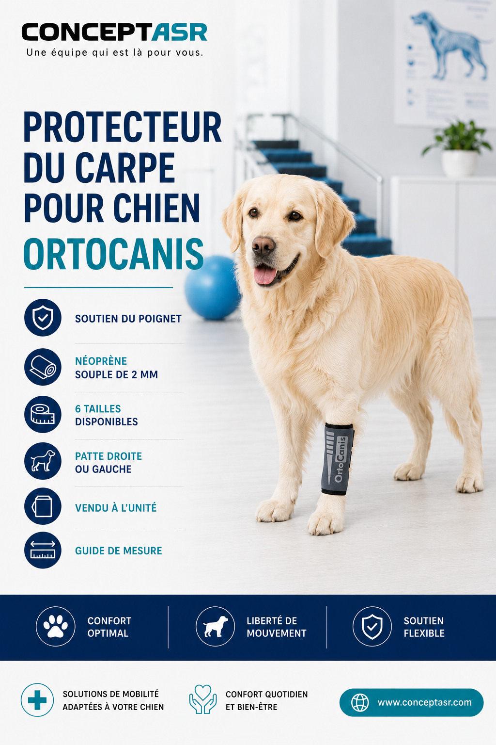 Chien portant un protecteur du carpe Ortocanis gris sur une patte avant