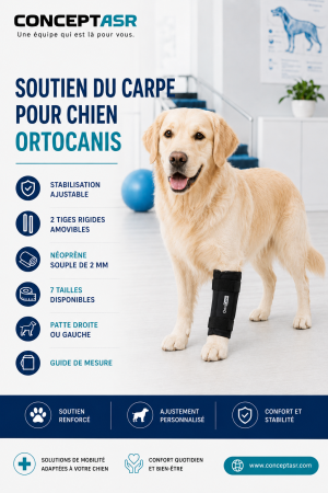 Chien portant un soutien du carpe Ortocanis noir avec tiges rigides sur une patte avant