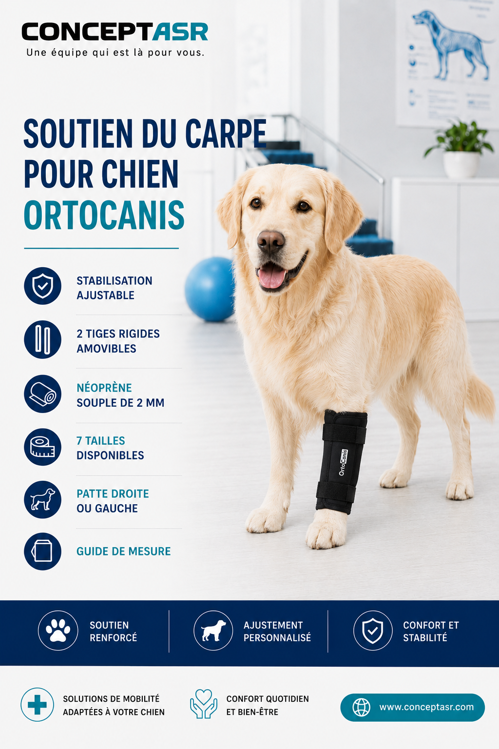 Chien portant un soutien du carpe Ortocanis noir avec tiges rigides sur une patte avant
