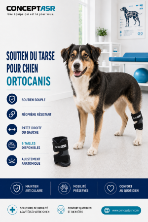 Soutien du tarse pour chien Ortocanis porté sur une patte arrière