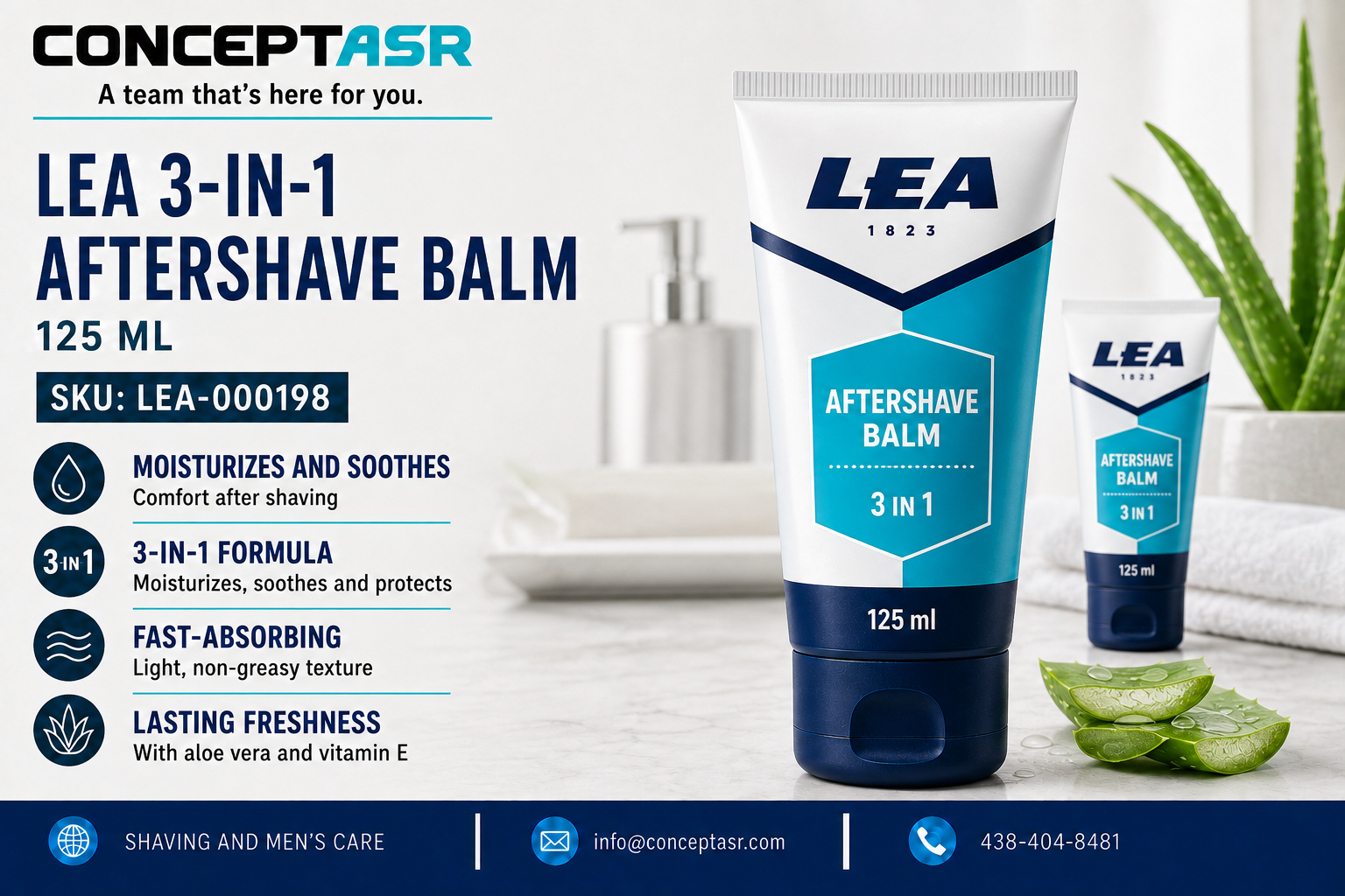 LEA 3-in-1 aftershave balm with aloe vera and vitamin E, 125 ml tube