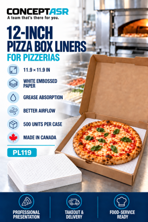 12-inch white embossed pizza box liners measuring 11.9 × 11.9 inches, case of 500