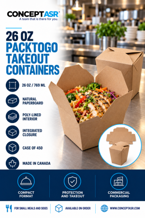 26 oz PackToGo takeout containers in natural paperboard for small meals and side dishes – ConceptASR