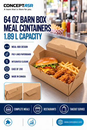 64 oz Barn Box meal containers in poly-lined kraft paperboard for complete takeout meals – ConceptASR