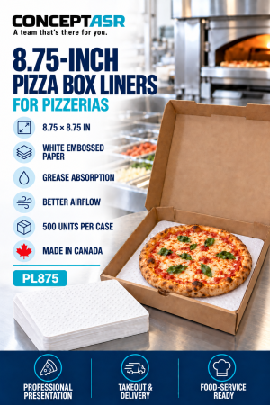 8.75-inch white embossed pizza box liners, case of 500, made in Canada