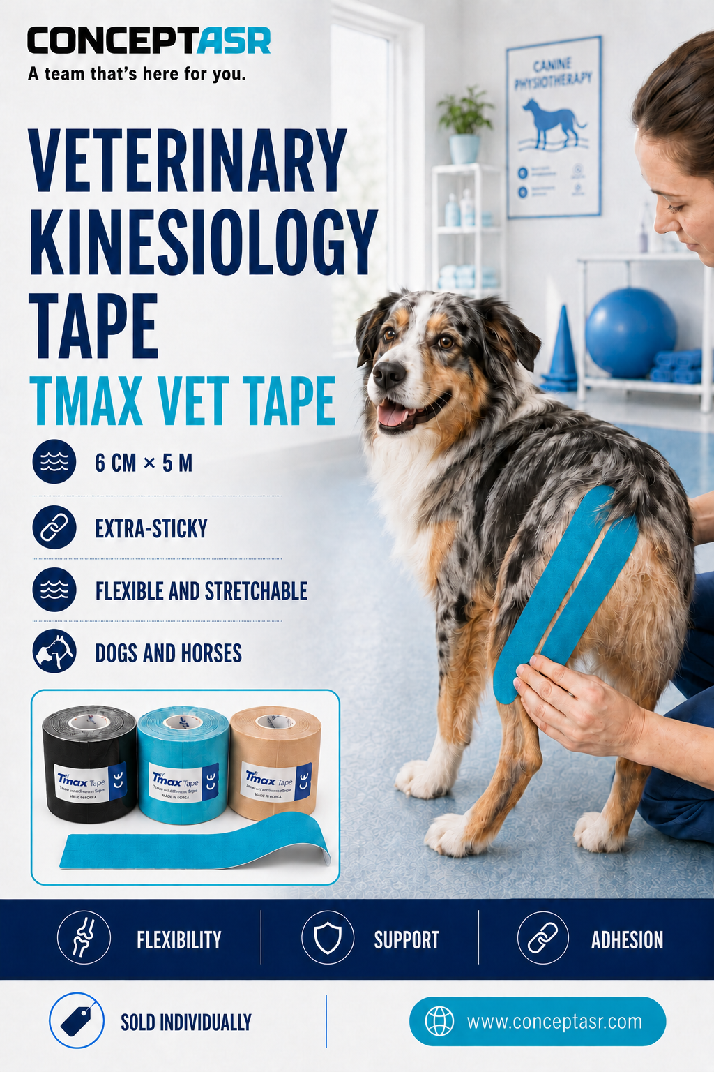 Veterinary kinesiology tape Tmax Vet Tape turquoise blue applied to a dog