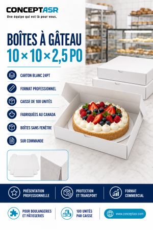Boîtes à gâteau 10 x 10 x 2,5 po en carton blanc, caisse de 100