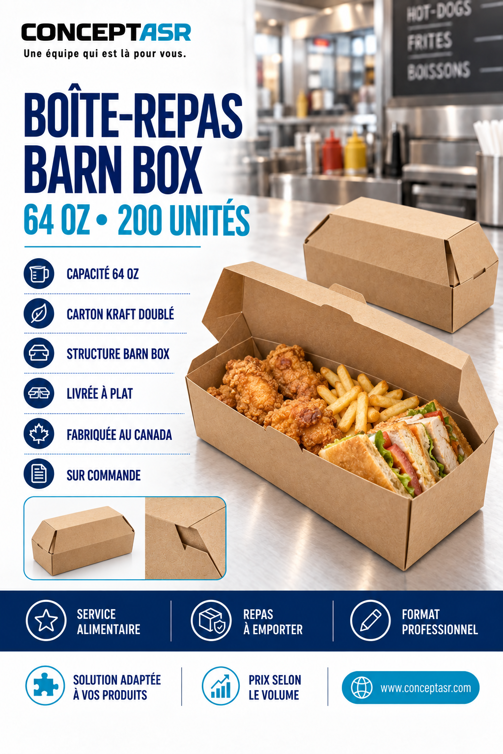 Boîte-repas Barn Box 64 oz en carton kraft pour repas à emporter, caisse de 200 unités
