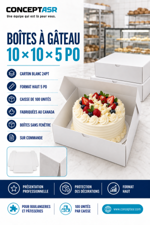 Boîtes à gâteau 10 x 10 x 5 po en carton blanc, caisse de 100