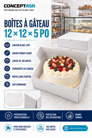 Boîtes à gâteau 12 x 12 x 5 po en carton blanc, caisse de 100