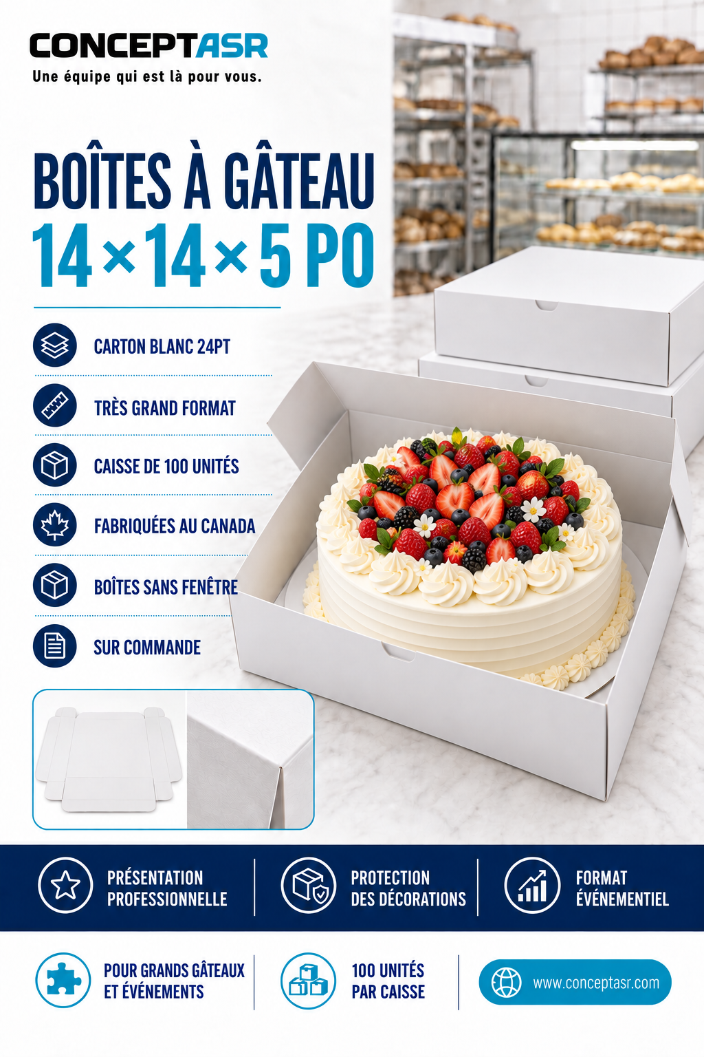 Boîtes à gâteau 14 x 14 x 5 po en carton blanc, caisse de 100