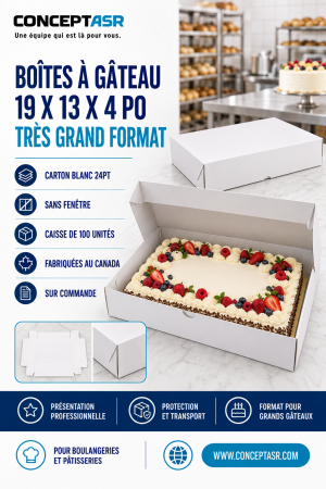 Boîtes à gâteau 19 x 13 x 4 po en carton blanc sans fenêtre pour grands gâteaux