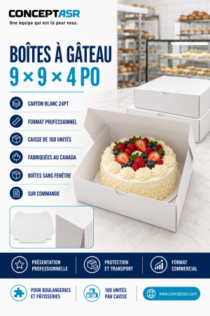 Boîtes à gâteau 9 × 9 × 4 po en carton blanc, caisse de 100