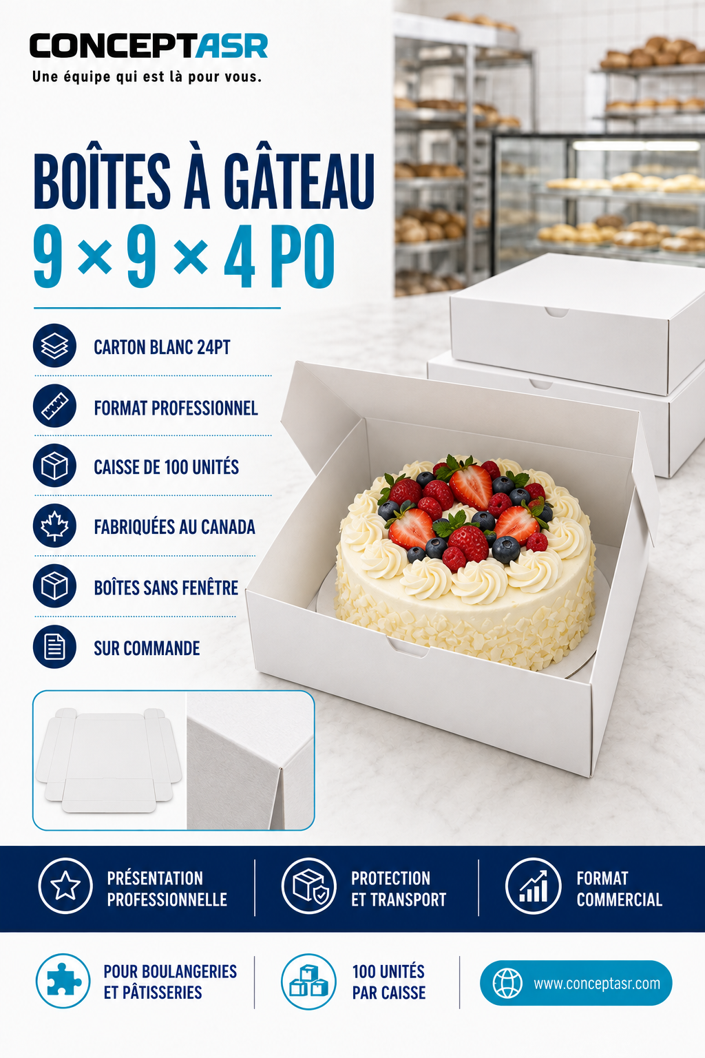 Boîtes à gâteau 9 × 9 × 4 po en carton blanc, caisse de 100