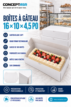 Boîtes à gâteau 16 x 10 x 4,5 po en carton blanc, caisse de 100