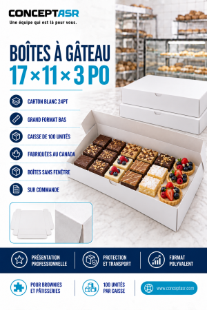 Boîtes à gâteau 17 x 11 x 3 po en carton blanc, caisse de 100