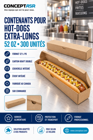 Contenants pour hot-dogs extra-longs SnackToGo de 52 oz en carton kraft, caisse de 300 unités