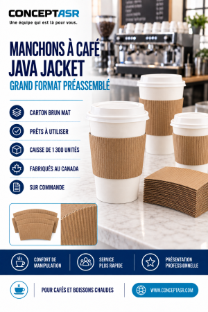 Manchons à café Java Jacket bruns préassemblés pour gobelets de boissons chaudes