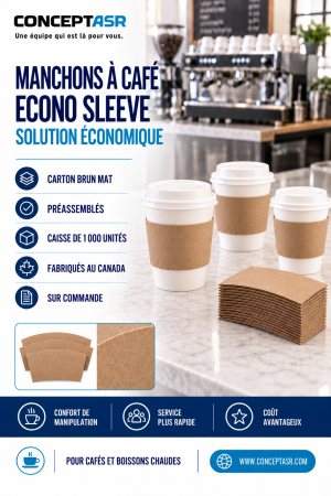 Manchons à café Econo Sleeve bruns préassemblés pour gobelets de boissons chaudes