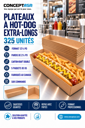 Plateaux à hot-dog extra-longs en carton kraft avec espace pour les frites