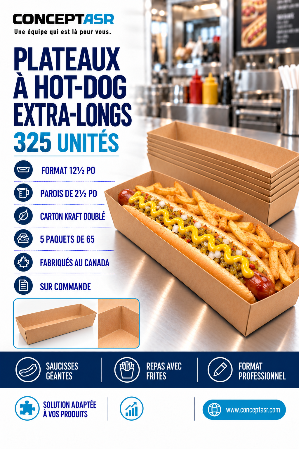 Plateaux à hot-dog extra-longs en carton kraft avec espace pour les frites