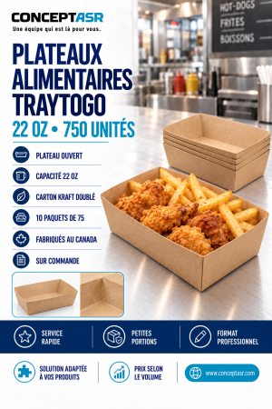 Plateaux alimentaires 22 oz TrayToGo en carton kraft doublé pour petites portions, caisse de 750 unités
