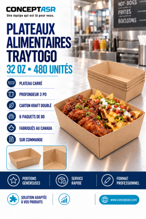 Plateaux alimentaires 32 oz TrayToGo en carton kraft pour restauration