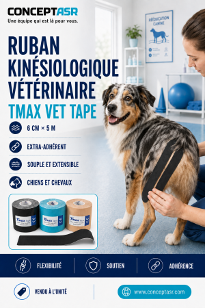 Ruban kinésiologique vétérinaire Tmax Vet Tape noir appliqué sur un chien