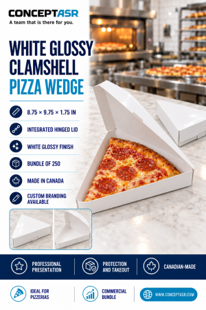 White glossy clamshell pizza slice box with integrated hinged lid – ConceptASR