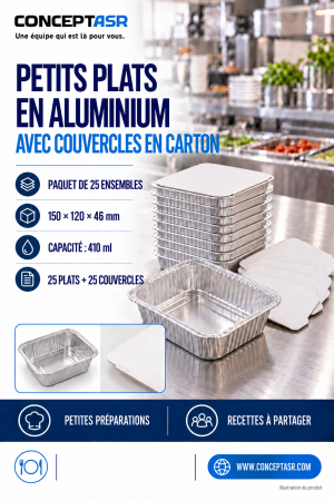 Petits plats en aluminium avec couvercle en carton, paquet de 25 ensembles de 410 ml — ConceptASR.