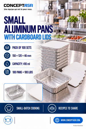 Small aluminum pans with cardboard lids, pack of 100 sets, 410 ml each — ConceptASR.
