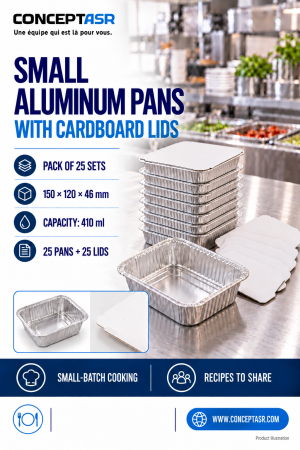 Small aluminum pans with cardboard lids, pack of 25 sets, 410 ml each — ConceptASR.