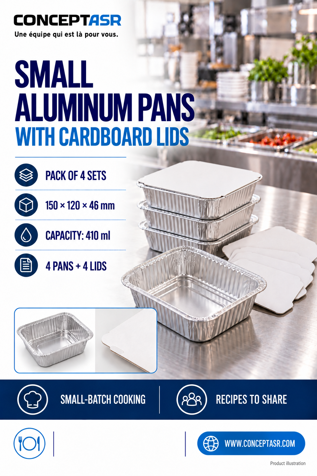 Small aluminum pans with cardboard lids, pack of 4 sets, 410 ml each — ConceptASR.