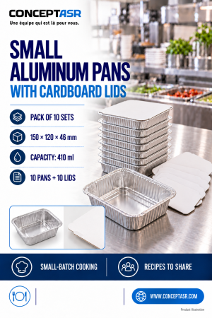 Small aluminum pans with cardboard lids, pack of 10 sets, 410 ml each — ConceptASR.