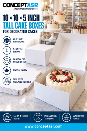 White 10 x 10 x 5 cake boxes for decorated cakes, made in Canada