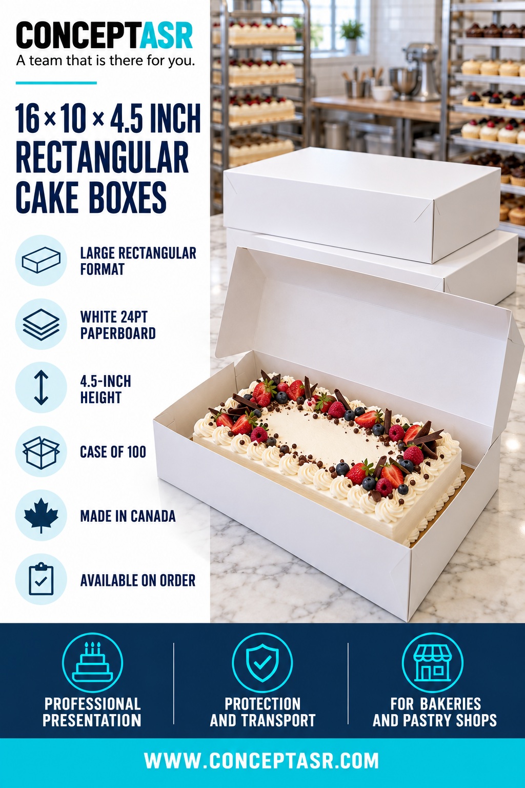White 16 × 10 × 4.5-inch rectangular cake boxes for sheet cakes and pastries