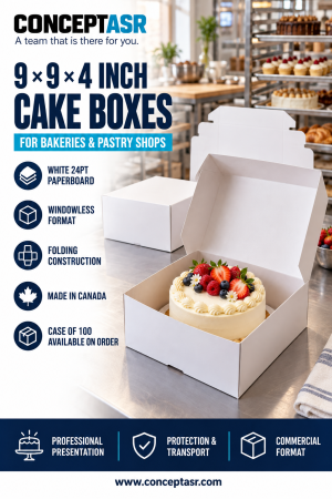 White 9 x 9 x 4 cake boxes for bakeries, made in Canada and sold by the case of 100