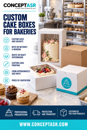 Custom cake boxes for bakeries with standard and tall designs, with or without windows