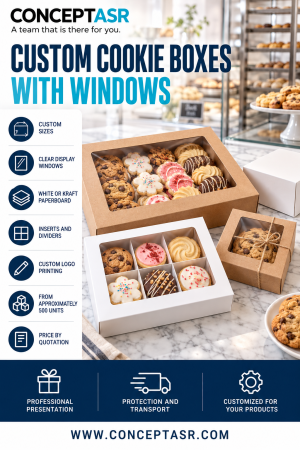 Custom cookie boxes with clear windows in white and kraft paperboard, featuring inserts and dividers
