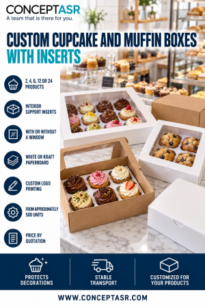 Custom cupcake and muffin boxes with interior inserts, available in white or kraft paperboard with optional windows