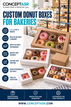 Custom donut boxes for bakeries in white and kraft paperboard, with windows, inserts and multiple capacities