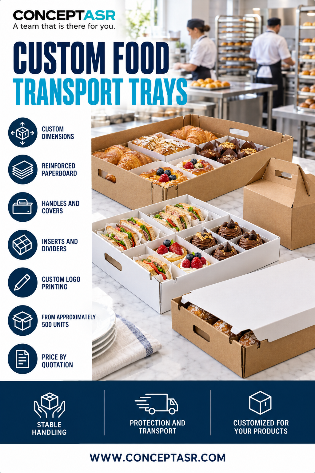 Custom food transport trays with reinforced paperboard, handles, covers and interior dividers
